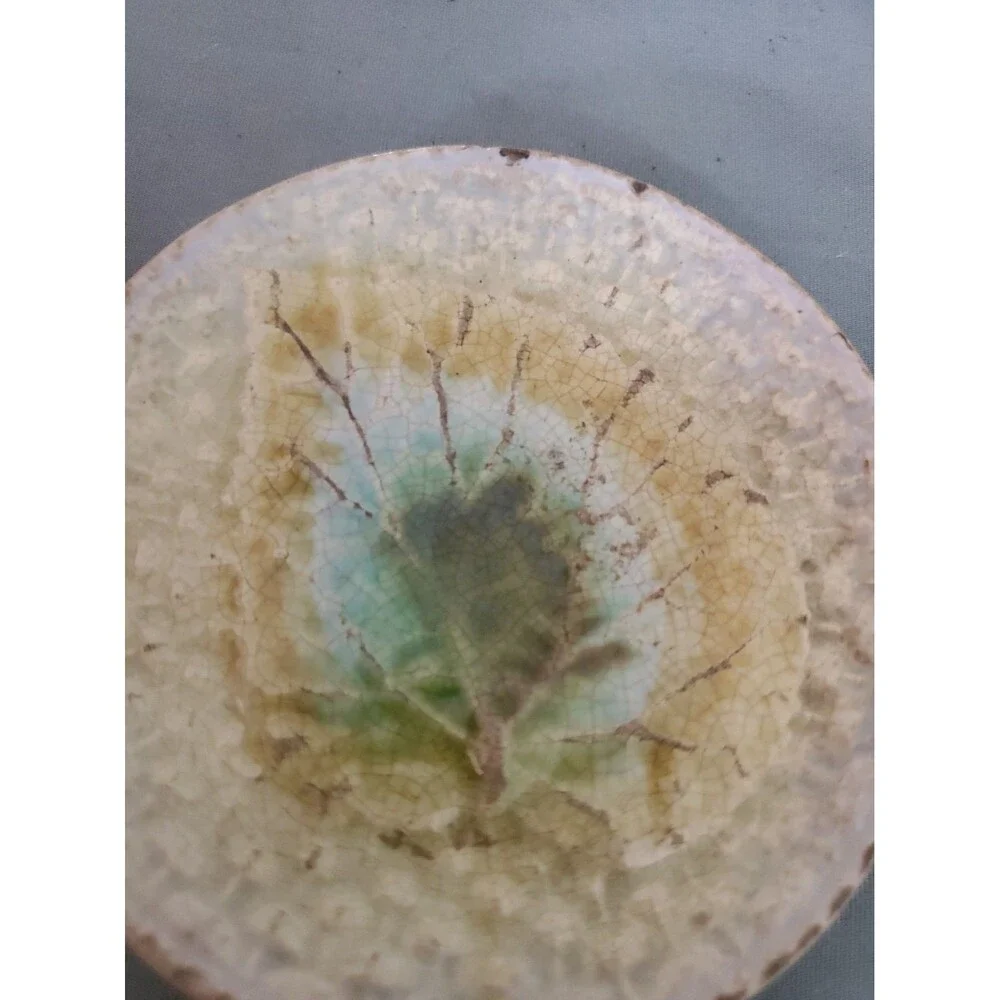 Antique Majolica Butter Pat Yellow Green White & Blue Leaf